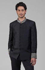 Charcoal Grey Zardozi Hand Embroidered Silk Bandhgala Jacket