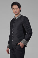 Charcoal Grey Zardozi Hand Embroidered Silk Bandhgala Jacket