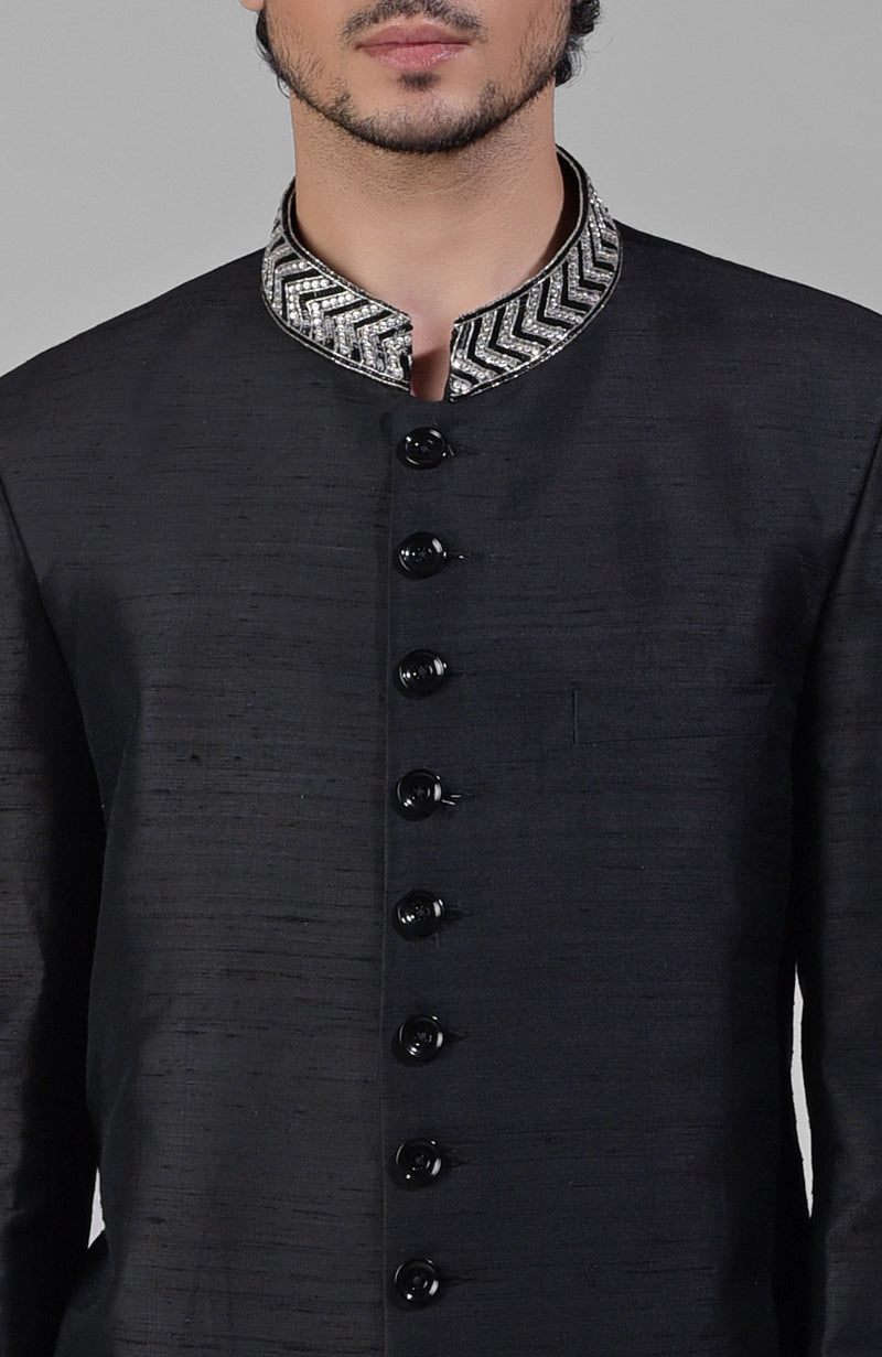 Black Zardozi Hand Embroidered Silk Bandhgala Jacket Set