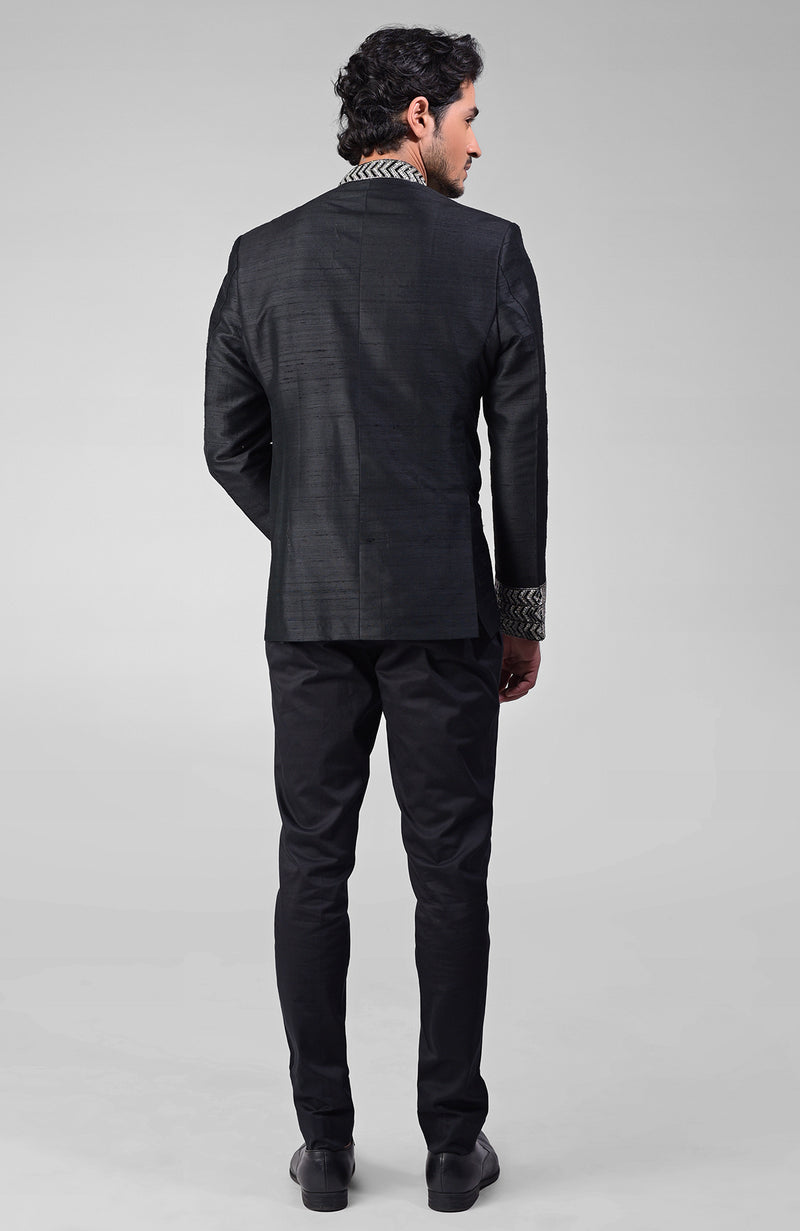 Black Zardozi Hand Embroidered Silk Bandhgala Jacket Set
