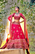 Scarlet Red Hand Embroidered Lehenga and Light Pink Floral Sherwani Set