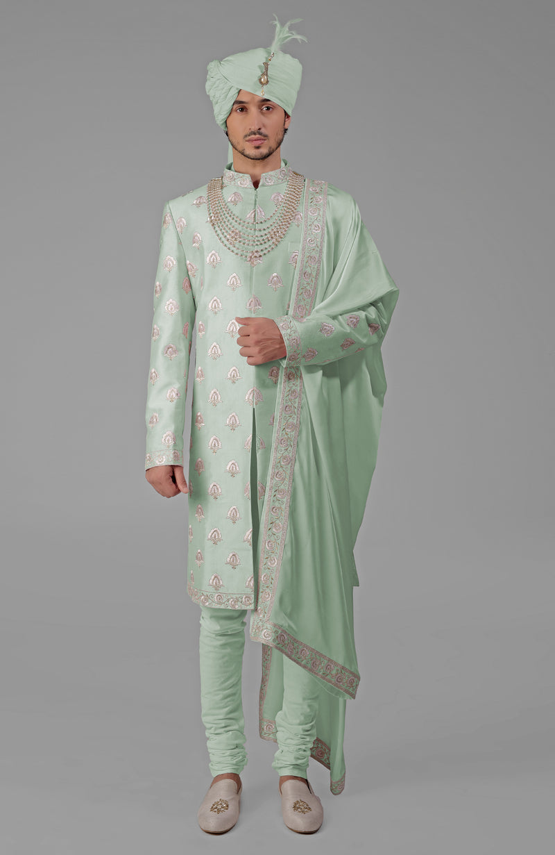 Dusty Blue Floral Hand Embroidered Sherwani Set