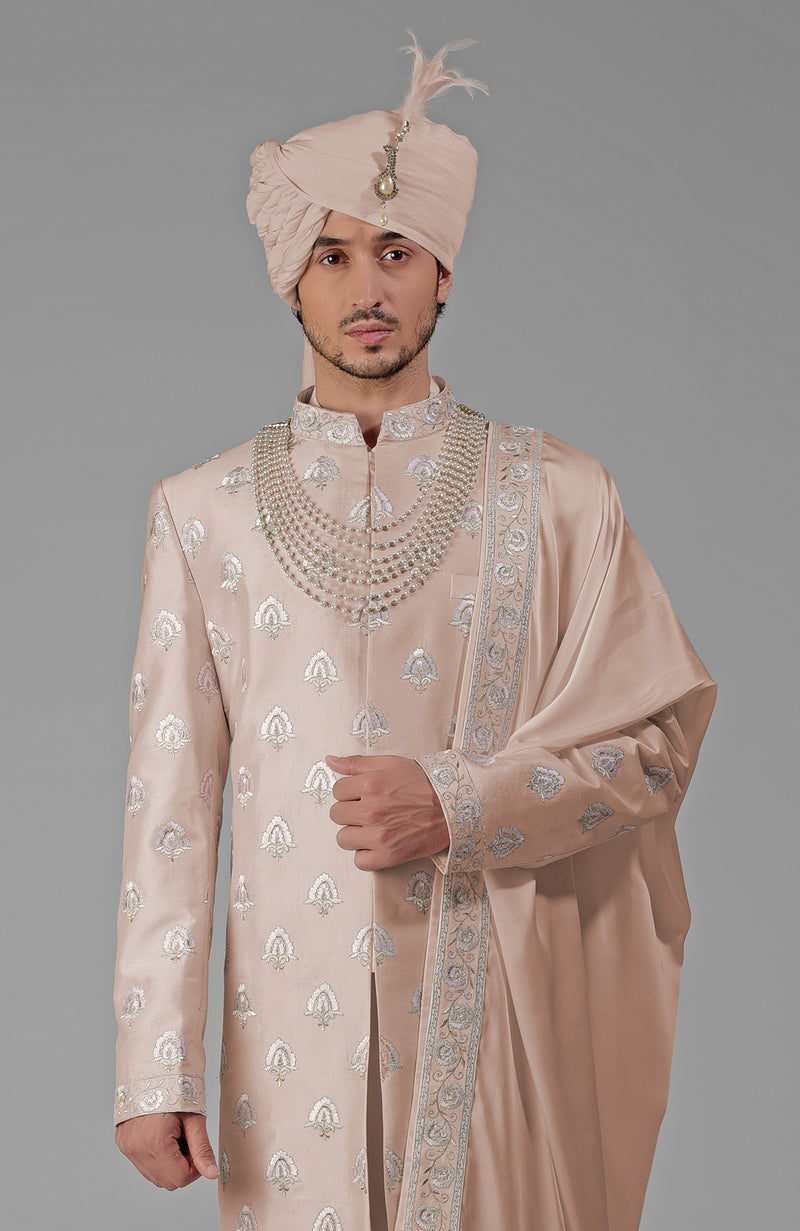 Yours Beige Rose Embroidered Sherwani Set
