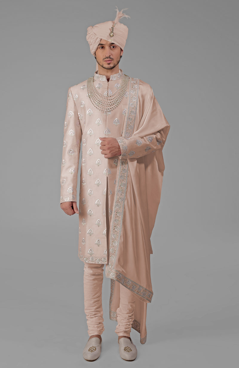 Yours Beige Rose Embroidered Sherwani Set