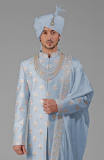 Yours Dusty Blue Embroidered Sherwani Set