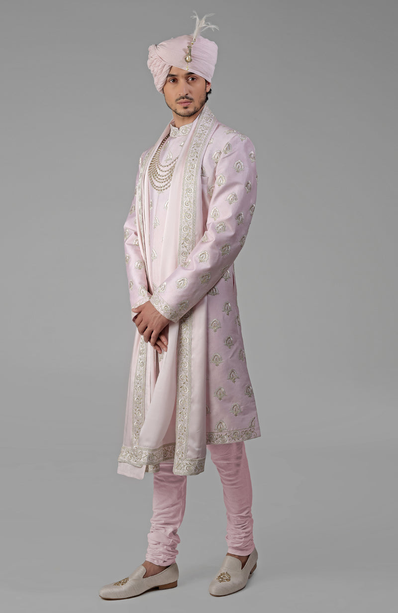 Yours Primrose Pink Embroidered Sherwani Set