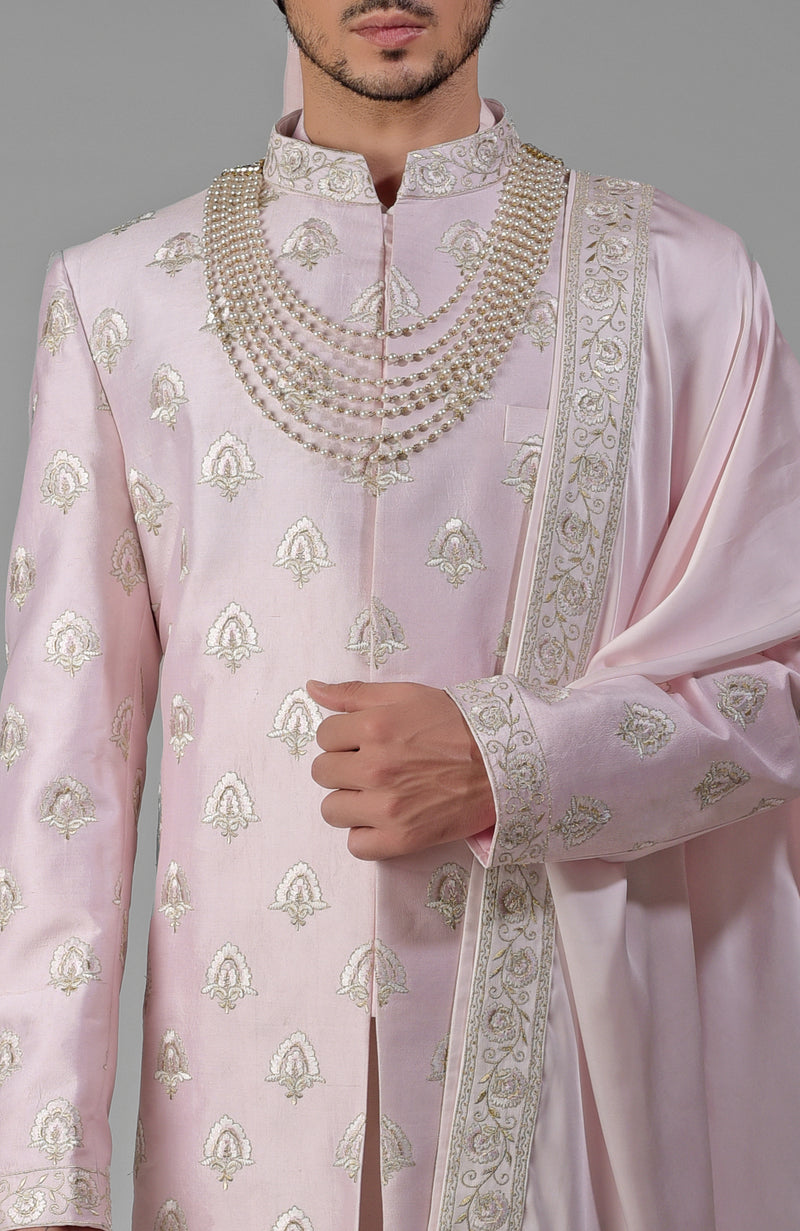 Yours Primrose Pink Embroidered Sherwani Set