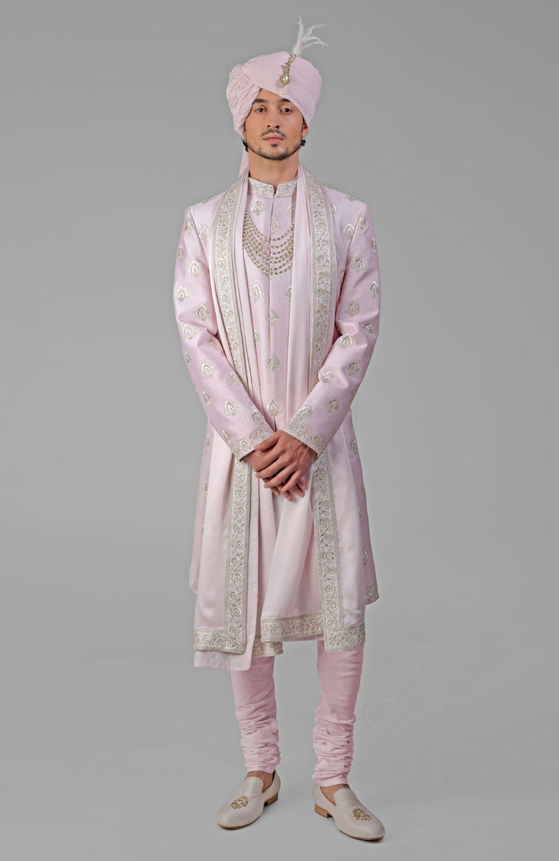 Yours Primrose Pink Embroidered Sherwani Set