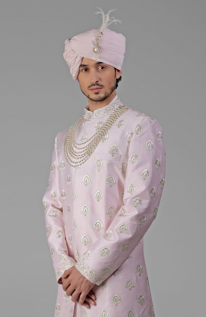 Yours Primrose Pink Embroidered Sherwani Set