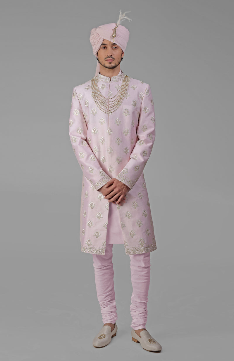 Yours Primrose Pink Embroidered Sherwani Set