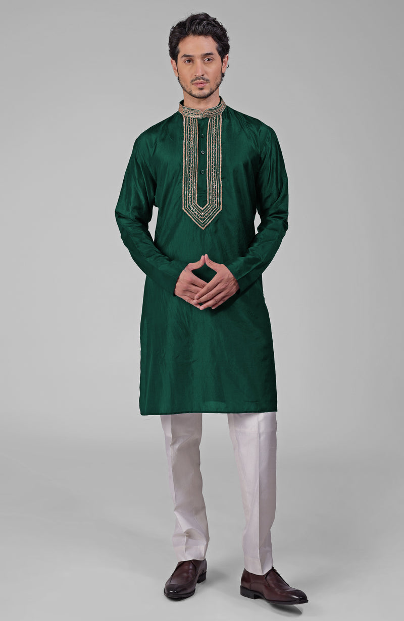 Olive  Zardozi Hand Embroidered Pure Silk Kurta Set