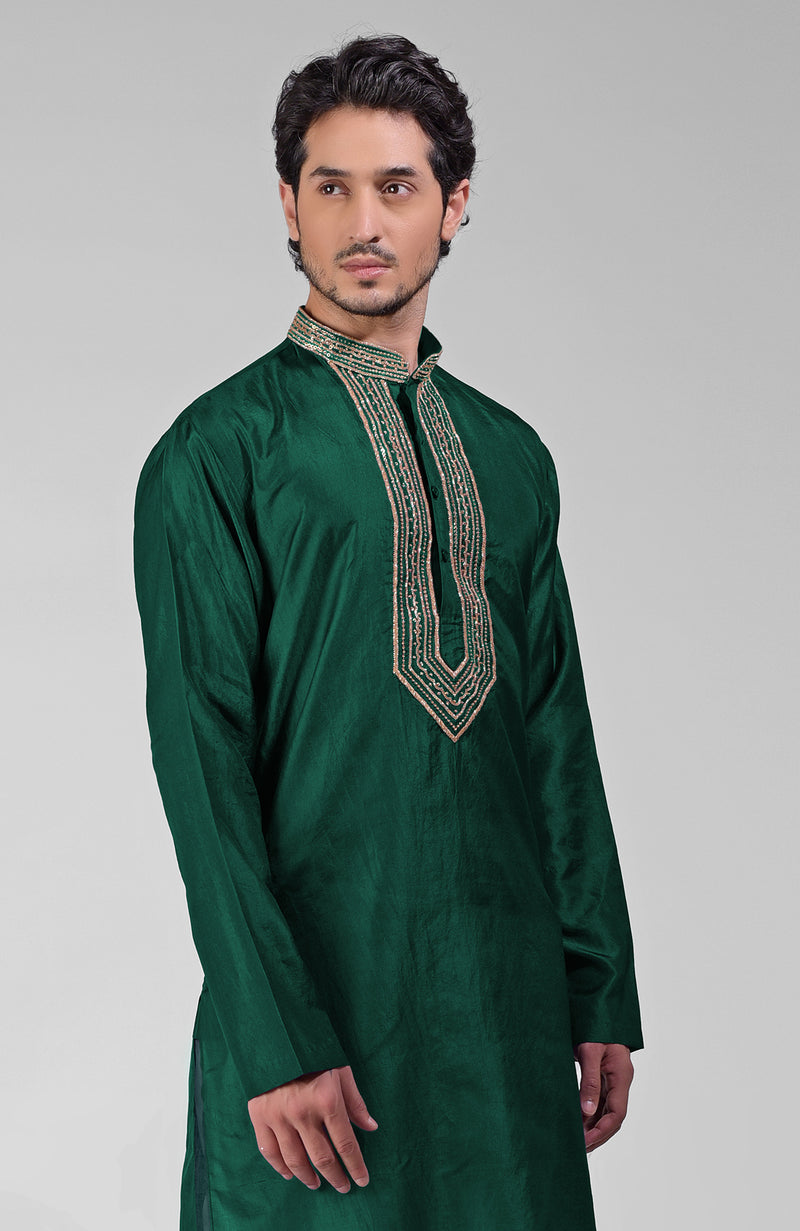 Dark Emerald Zardozi Hand Embroidered Pure Silk Kurta Set