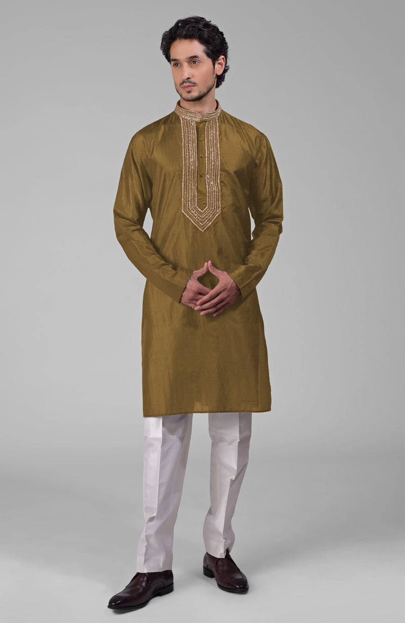 Olive  Zardozi Hand Embroidered Pure Silk Kurta Set
