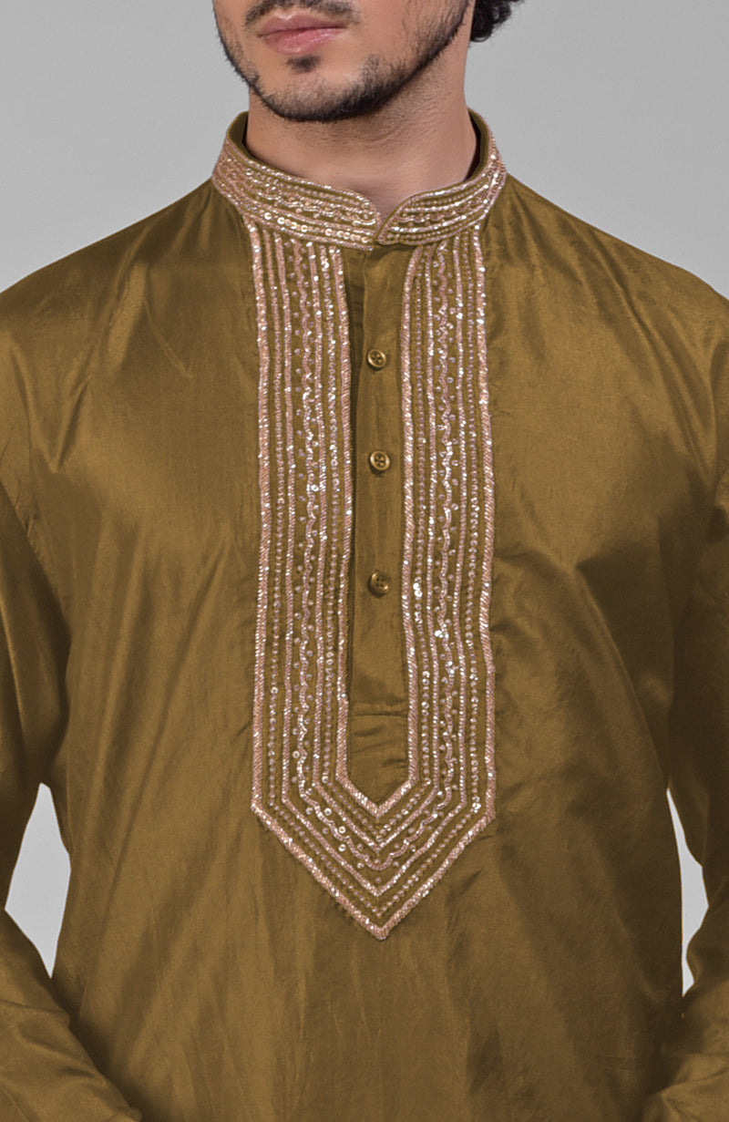 Olive  Zardozi Hand Embroidered Pure Silk Kurta Set