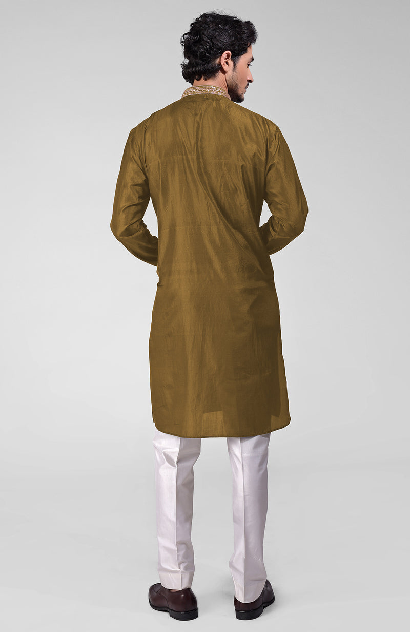 Olive  Zardozi Hand Embroidered Pure Silk Kurta Set