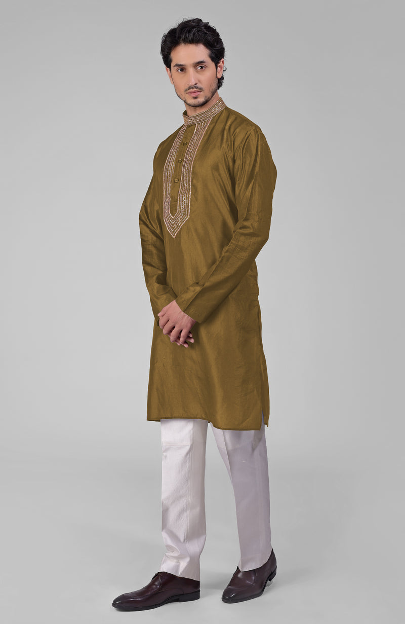 Olive  Zardozi Hand Embroidered Pure Silk Kurta Set
