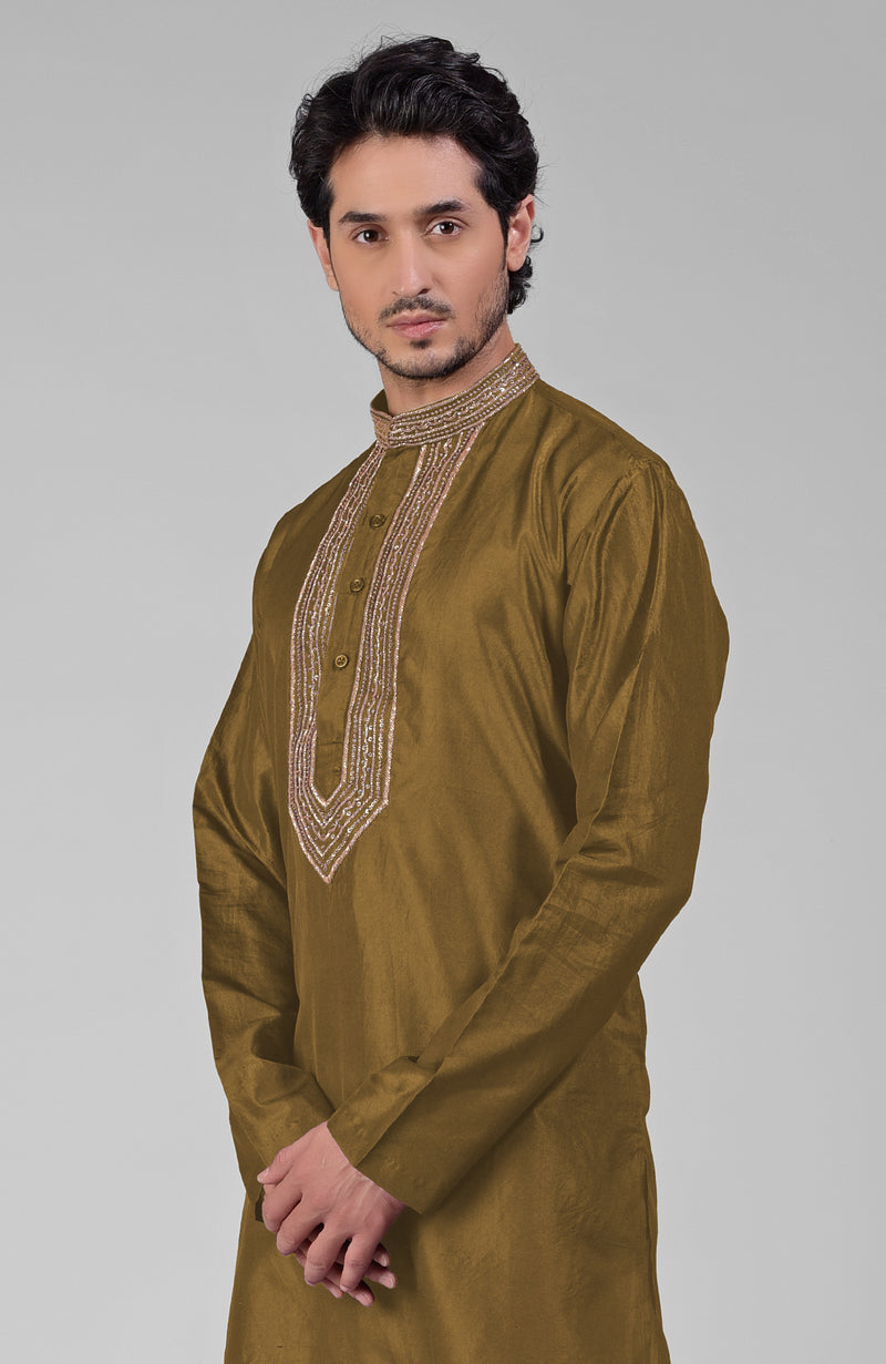 Olive  Zardozi Hand Embroidered Pure Silk Kurta Set