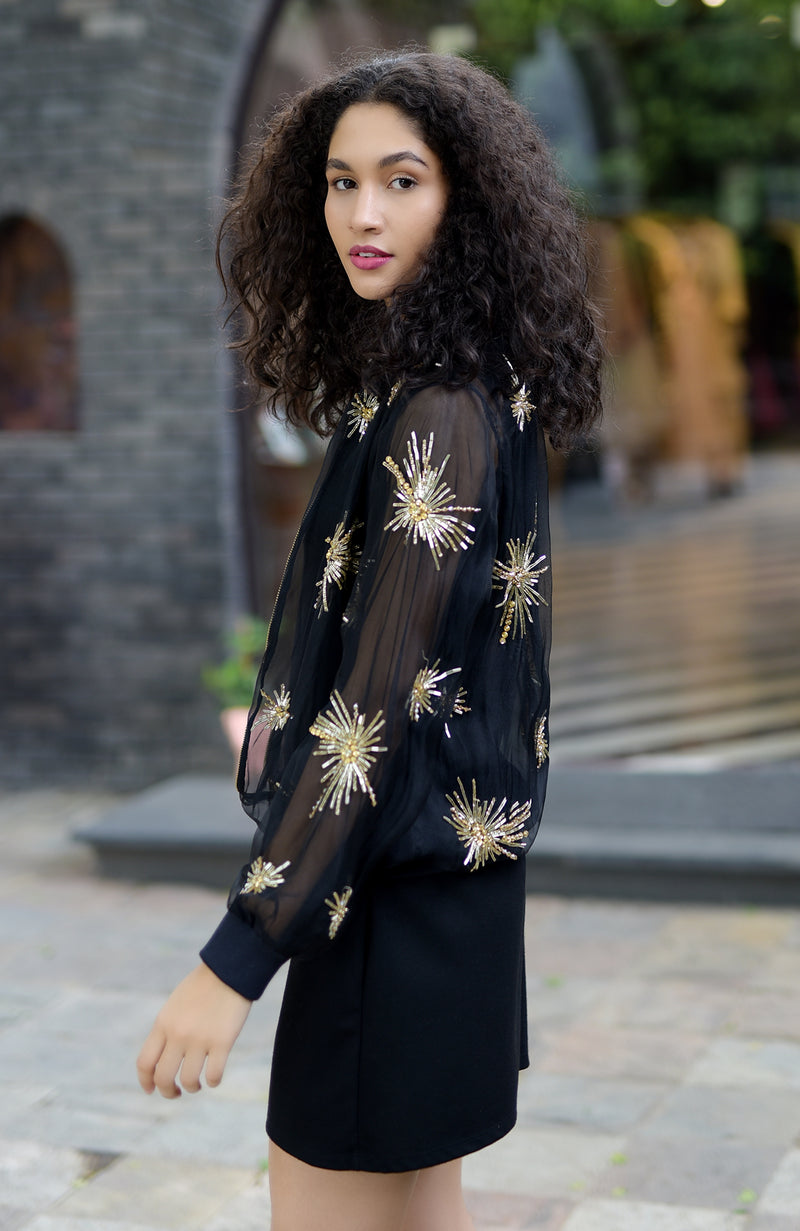 Black Starburst Beads & Sequin Hand Embroidered Jacket