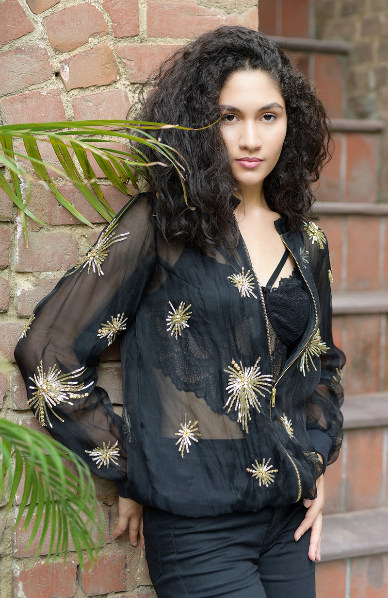 Black Starburst Beads & Sequin Hand Embroidered Jacket