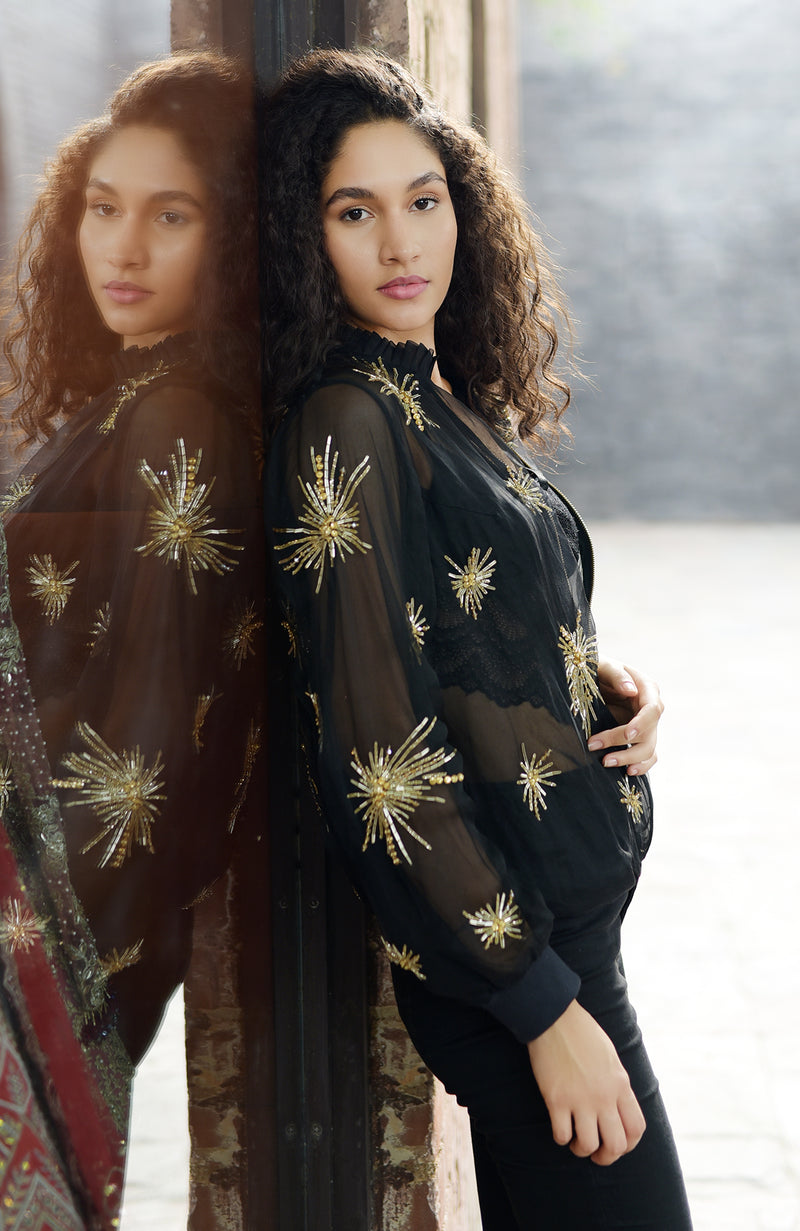 Black Starburst Beads & Sequin Hand Embroidered Jacket