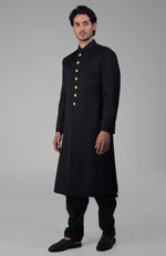 Timeless Black Pure Silk Sherwani Set With Gold Plated Buttons