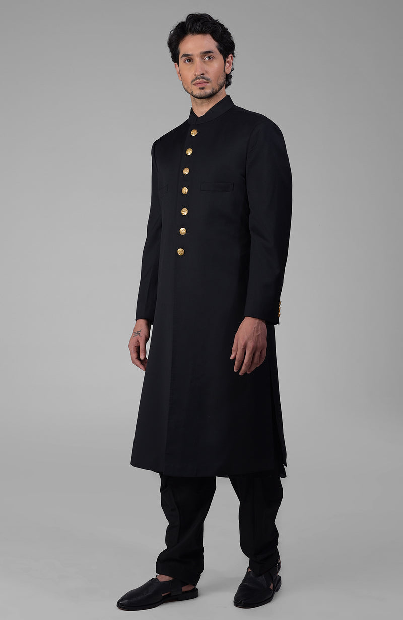 Timeless Black Pure Silk Sherwani Set With Gold Plated Buttons