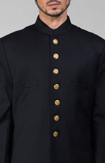 Timeless Black Pure Silk Sherwani Set With Gold Plated Buttons