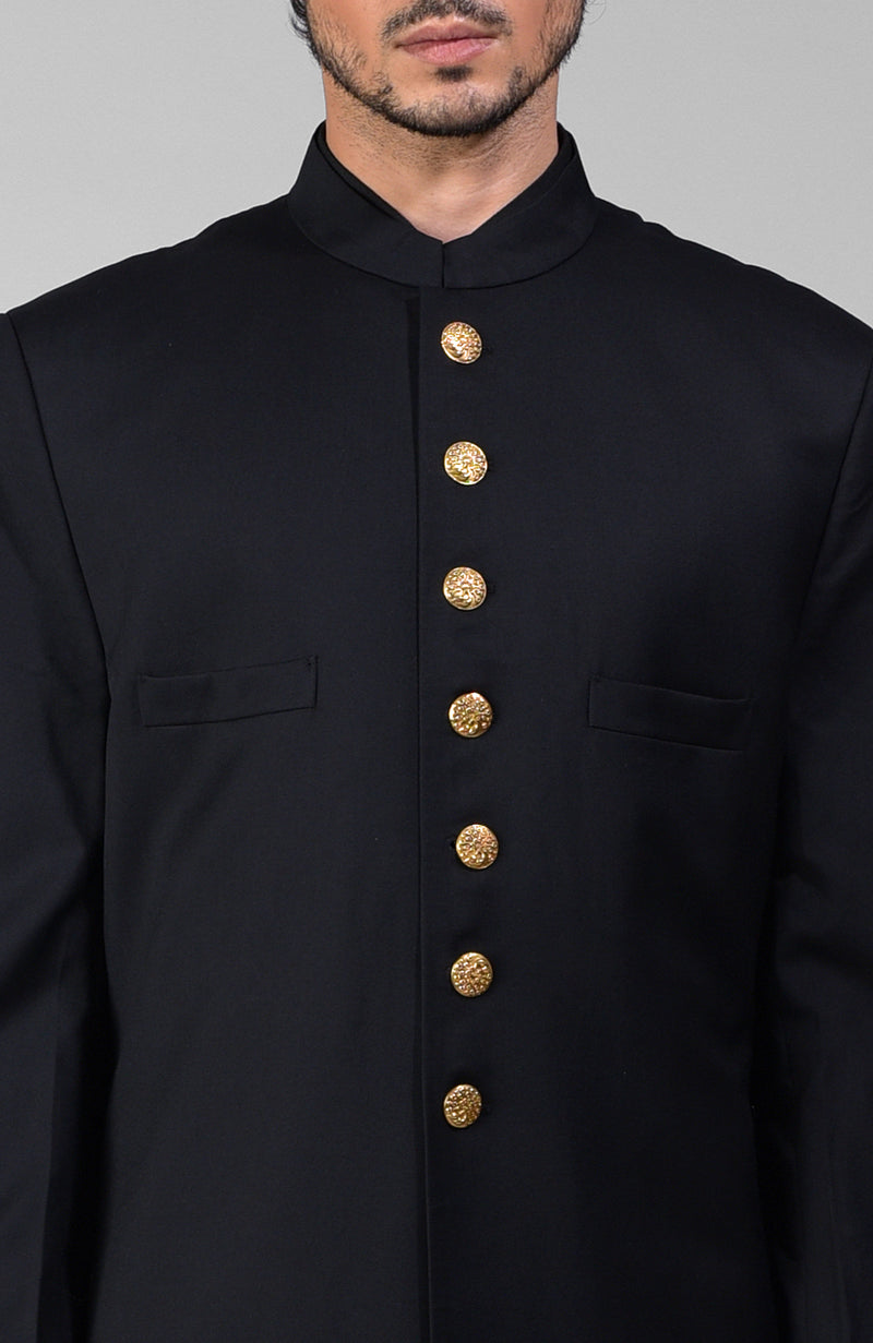Timeless Black Pure Silk Sherwani Set With Gold Plated Buttons