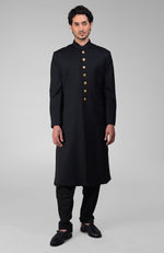 Timeless Black Pure Silk Sherwani Set With Gold Plated Buttons