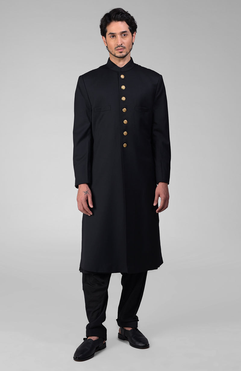 Timeless Black Pure Silk Sherwani Set With Gold Plated Buttons