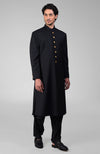 Timeless Black Pure Silk Sherwani Set With Gold Plated Buttons