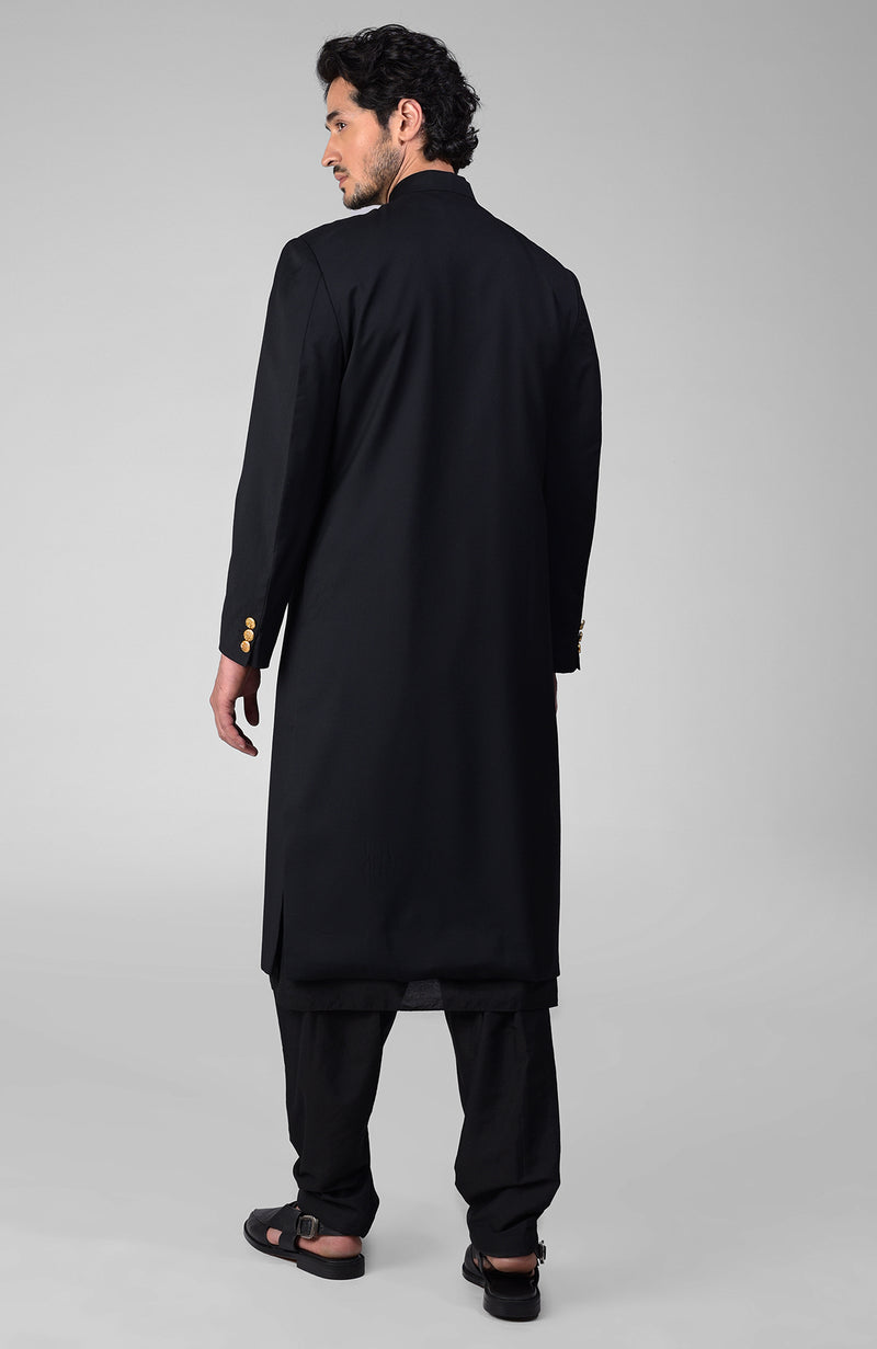 Timeless All Black Pure Silk Sherwani Set with Gold Plated Buttons