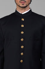 Timeless All Black Pure Silk Sherwani Set with Gold Plated Buttons