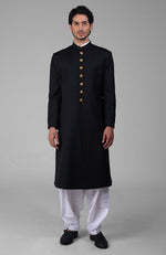 Timeless All Black Pure Silk Sherwani Set with Gold Plated Buttons