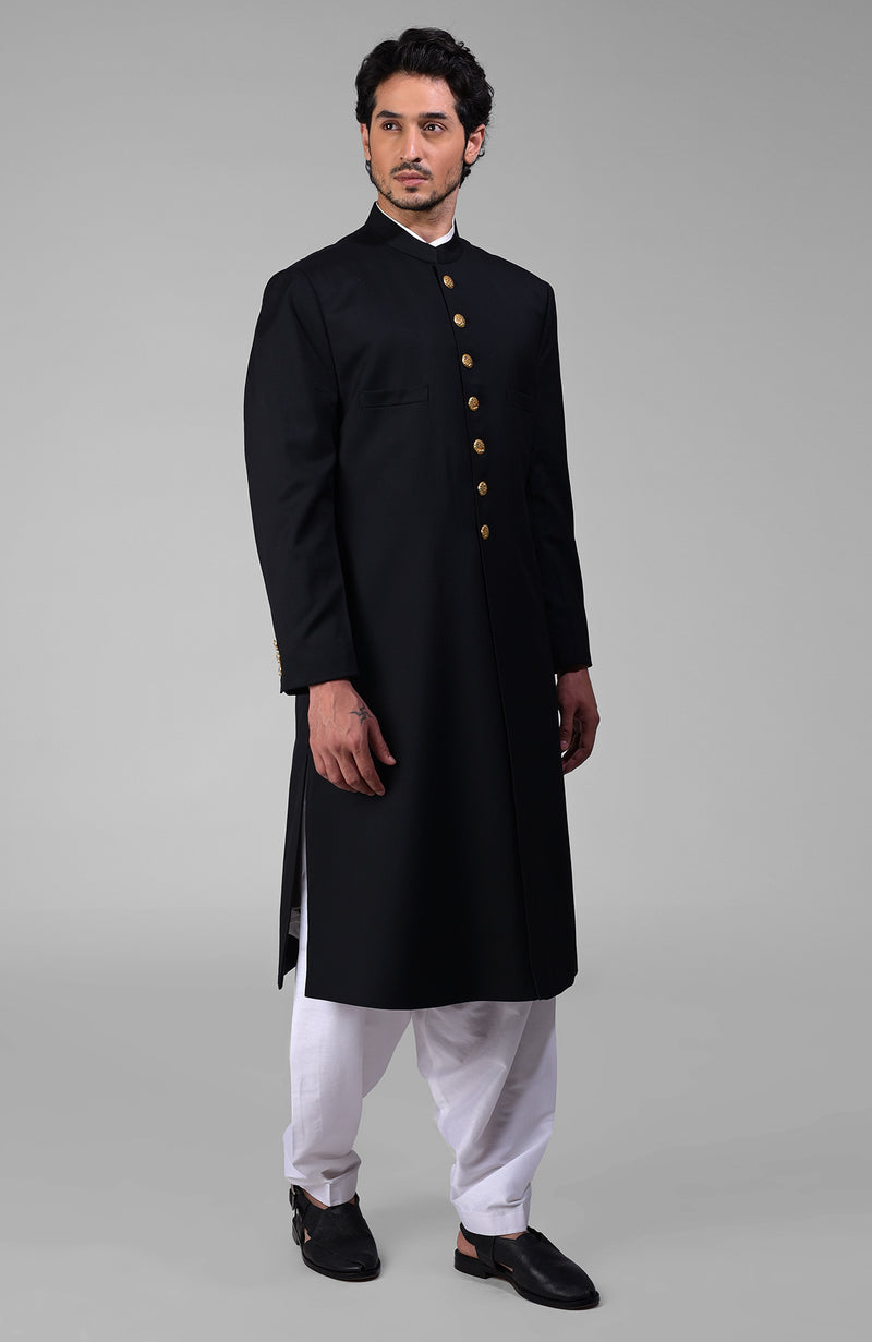 Timeless All Black Pure Silk Sherwani Set with Gold Plated Buttons