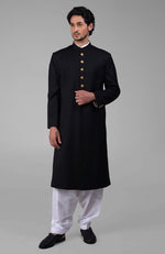 Timeless All Black Pure Silk Sherwani Set with Gold Plated Buttons