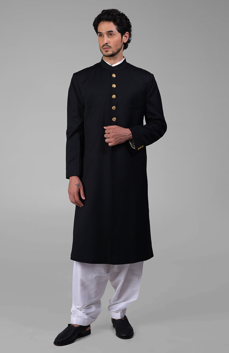 Timeless All Black Pure Silk Sherwani Set with Gold Plated Buttons