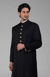 Timeless All Black Pure Silk Sherwani Set with Gold Plated Buttons