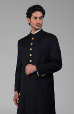 Timeless All Black Pure Silk Sherwani Set with Gold Plated Buttons