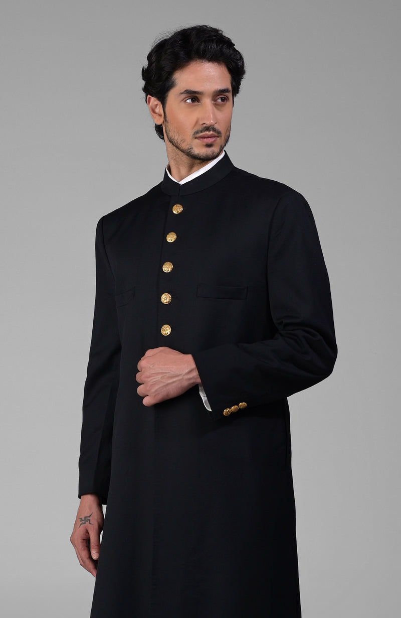 Timeless All Black Pure Silk Sherwani Set with Gold Plated Buttons