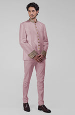 Dusty Blue-Gold Zardozi Hand Embroidered Silk Bandhgala Jacket Set