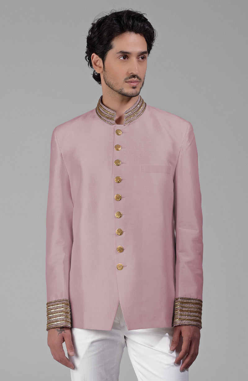 Burnished Lilac Zardozi Hand Embroidered Silk Bandhgala Jacket Set
