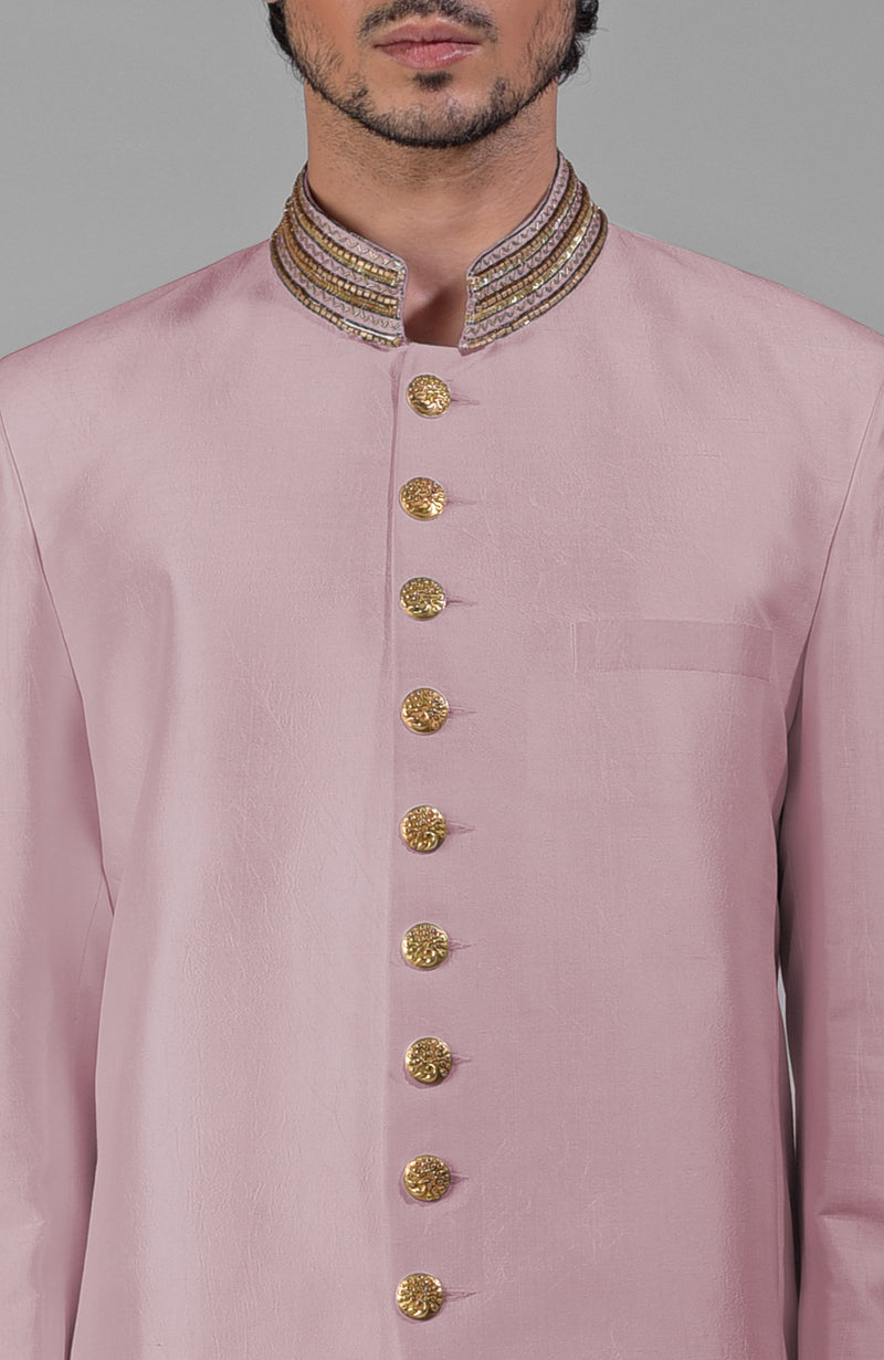 Burnished Lilac Zardozi Hand Embroidered Silk Bandhgala Jacket Set