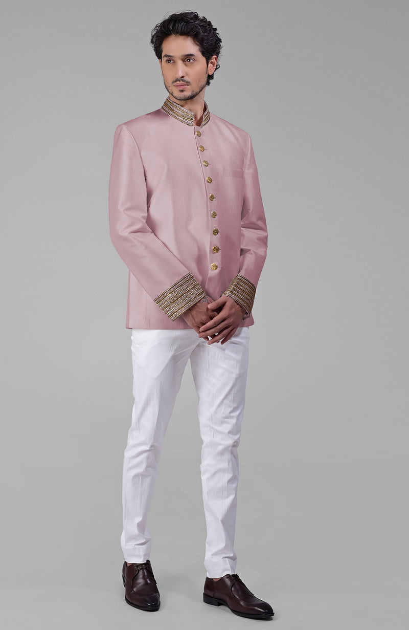 Burnished Lilac Zardozi Hand Embroidered Silk Bandhgala Jacket Set