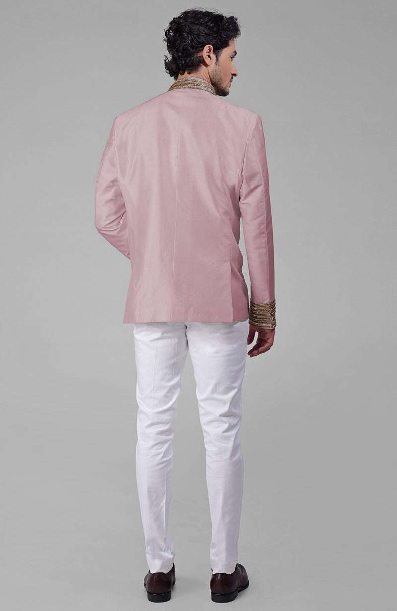 Burnished Lilac Zardozi Hand Embroidered Silk Bandhgala Jacket Set