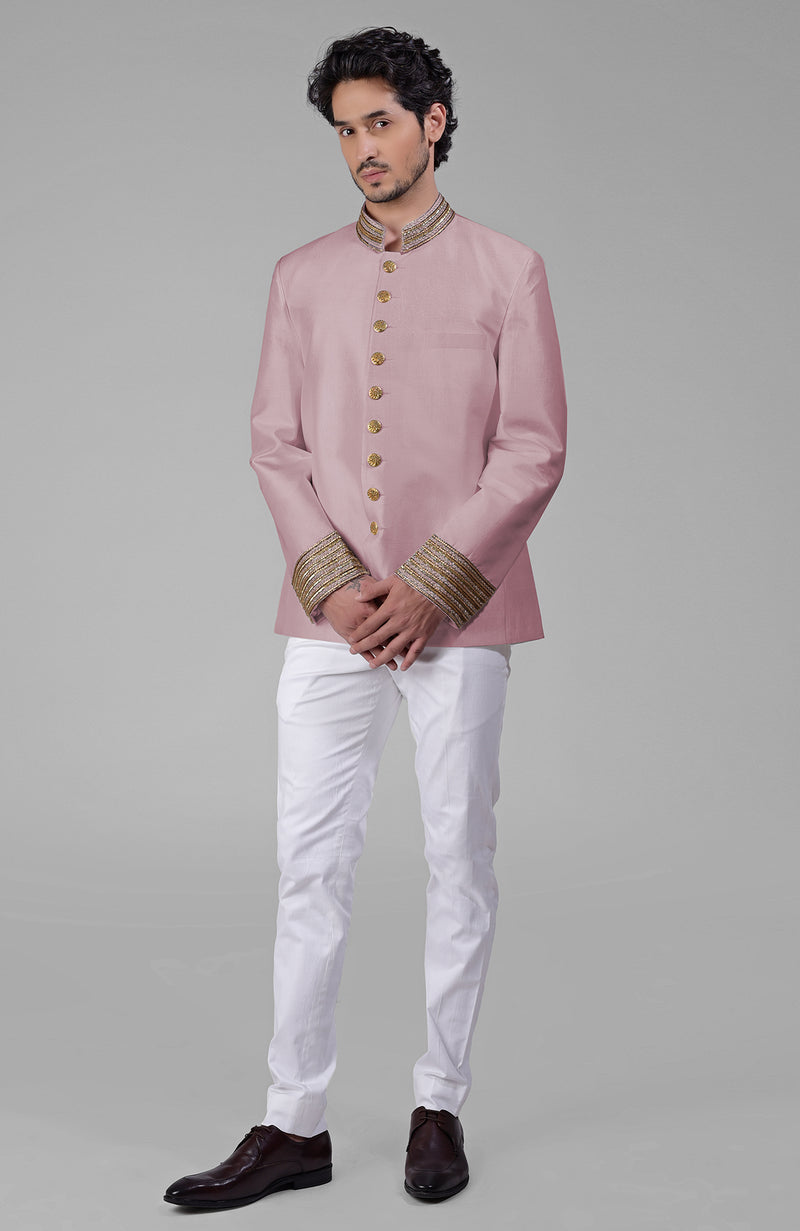 Gold Zardozi Hand Embroidered Silk Bandhgala Jacket Set