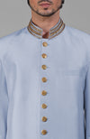 Dusty Blue-Gold Zardozi Hand Embroidered Silk Bandhgala Jacket Set