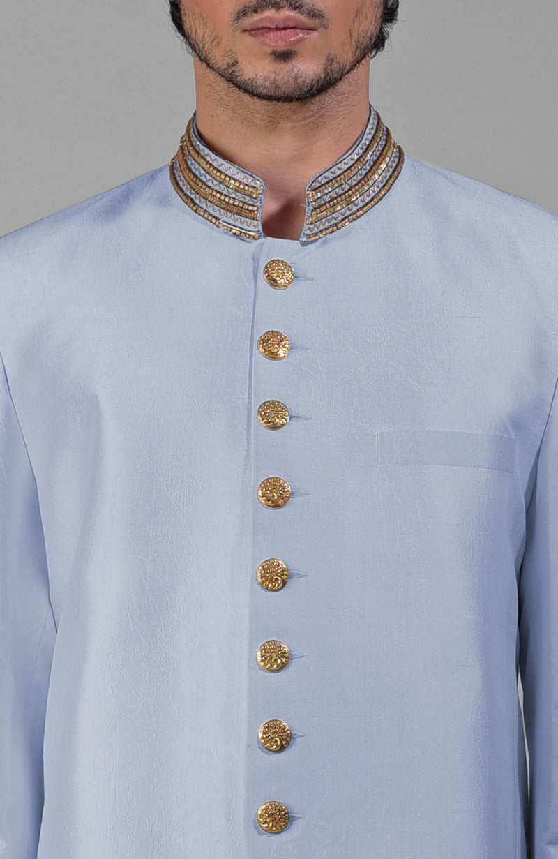 Dusty Blue-Gold Zardozi Hand Embroidered Silk Bandhgala Jacket Set