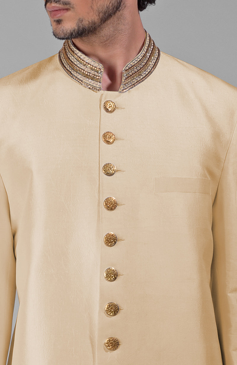 Gold Zardozi Hand Embroidered Silk Bandhgala Jacket Set
