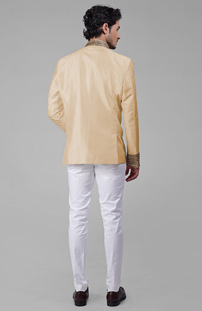 Gold Zardozi Hand Embroidered Silk Bandhgala Jacket Set